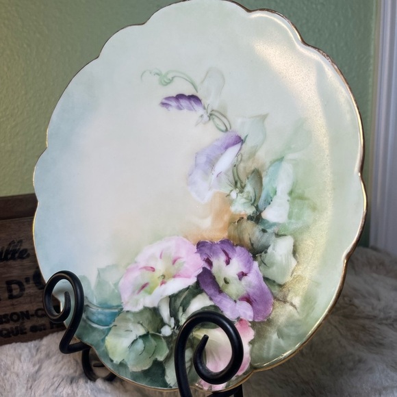 Limoges Hand Painted Pink  Purple Morning Glories & Gold Cake Plate - Picture 5 of 11